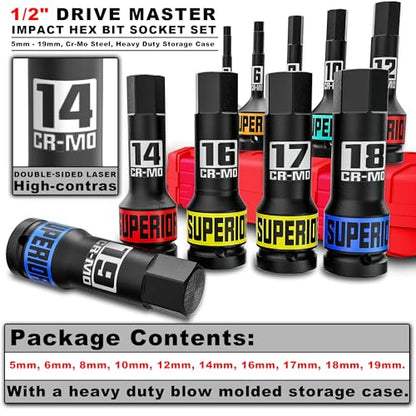 1/2" Drive Master Impact Hex Bit Socket Set, Metric, 10 Pieces 1/2" Drive Impact Allen Bit Socket Set, 5mm - 19mm, Cr-Mo Steel, Heavy Duty Storage Case - size: 1/2" Hex Metric