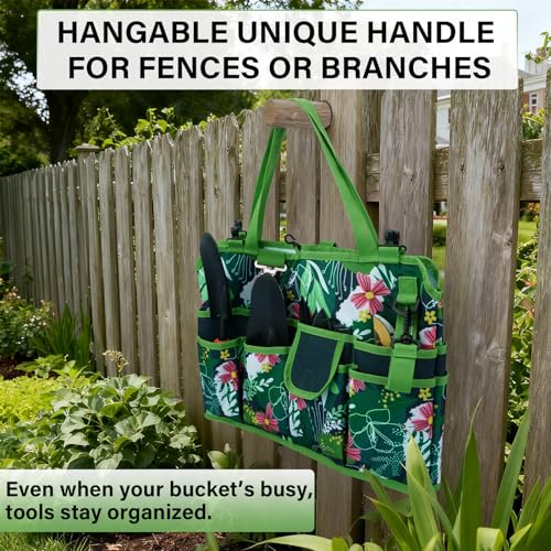 KUNN Bucket Tool Organizer 5 Gallon 18-Pocket Gardening Tool Bag with Hangable Handle | Garden Caddy & Bucket Accessory, Green - style: Green Leaf