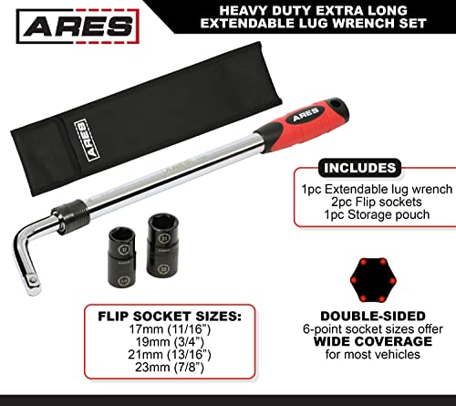 ARES 57001 – Heavy Duty Extendable Lug Wrench Set – High-Torque Lug Wrench Extends from 17.5 to 23.5 Inches (447mm to 600mm) – Includes 2 Double-Sided 6-Point Sockets for Broad Vehicle Coverage - size: Heavy Duty Extra Long Extendable Lug Wrench Set