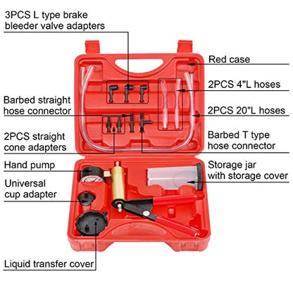 YSTOOL Brake and Clutch Fluid Hand Pump Vacuum Bleeder Tool Kit Brake Oil Change Power Steering Fluid Bleeding Set with Hand Pump Jar Adapters for Auto Car Truck Motorcycle Use - color: Red