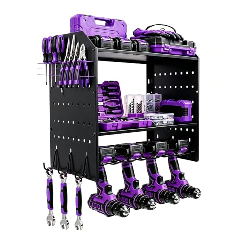 Power Tool Organizer Wall Mount, Cordless Drill Holder | 200lb Capacity 4 Layer Heavy Duty Storage Rack with 4 Drill Holders and 2 Storage Shelves for Garage and Workshop - color: Black-4tier