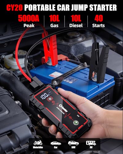 5000A Jump Starter Car Jumper Starter Portable Battery Booster Pack Jump Box with LED Display, LED Light and Jumper Cables(10.0L Gas and 10.0L Diesel) - color: 5000A