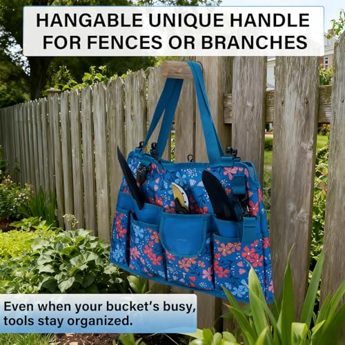 KUNN Bucket Organizer 5 Gallon 18-Pocket Tool Bucket Bag with 6 Hooks, Gardening Tool Holder Caddy for Gardeners, Outdoor Yard Work, Soil Plant Flower Gardening Accessories with Grip Pad, Blue - style: Blue Floral