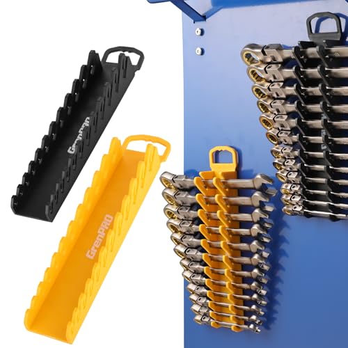 GRENPRO Wrench Organizer for Tool Box, 2 Pack Magnetic Wrench Holders with Handle, SAE & Metric Wrench Rack for Tool Box Drawer Storage - style: 2-Piece Wrench Holder with Handle