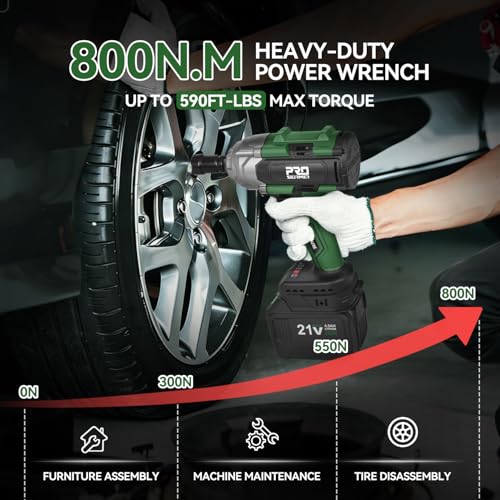 Prostormer 800N.m(590Ft-lbs) Cordless Impact Wrench, 1/2" Brushless High Torque Impact Gun Kit for Car Home, 2x4.5Ah Rechargable Batteries, Charger & 8 Sockets