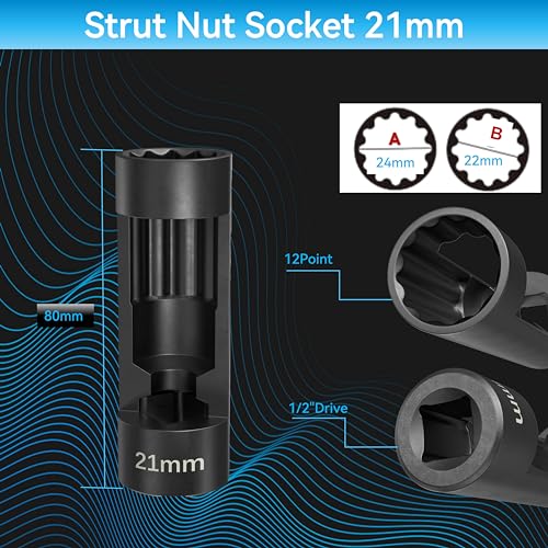 Suspension Socket Tool - 18mm, 19mm, 21mm, 22mm, 24mm Strut Nut Socket, Easy Remove Strut Nuts, 12Pt Vm Number 3353 Accessory (21mm) - color: 21mm