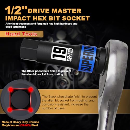 1/2" Drive Master Impact Hex Bit Socket Set, Metric & SAE, 20-Piece 1/2 Inch Drive Impact Allen Bit Socket Set, 5mm - 19mm & 1/4" - 3/4", Cr-Mo Steel, Heavy Duty Storage Case - size: 20 Pcs Metric & SAE