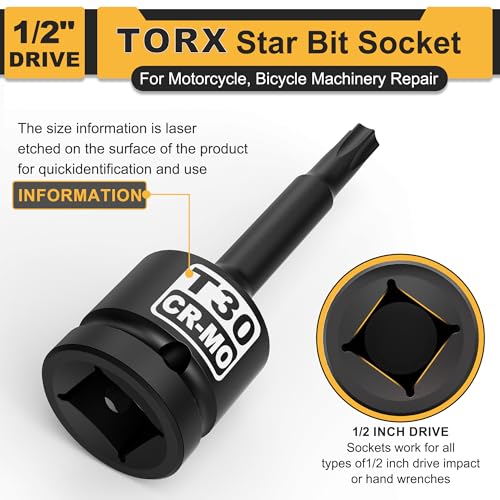 1/2" Drive T30 Torx Bit Socket, Star Bit Socket, CR-MO Steel, Motorcycle, Bicycle Machinery Repair - size: 1/2" T30 Deep
