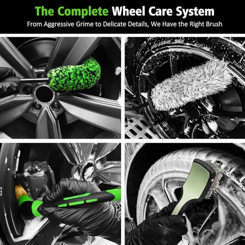 YeewayVeh 4PCS Car Wheel Cleaning Kit, 360° Bendable Wheel Brush with Premium Boar Hair Detailing Brush | Microfiber Scratch-Free Wheel and Tire Brush Kit for Cleaning Wheels,Tires - color: Green/White, size: 4-Pack