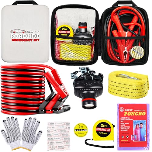 LIANXIN Emergency Car Kit with Jumper Cables Headlamp Car Safety Kits Pale | Roadside Car Emergency Kit Tow Straps, Tape Measure, Rainwear, Multi-tool Kit, Breakdowns Gifts for New Drivers - color: pale