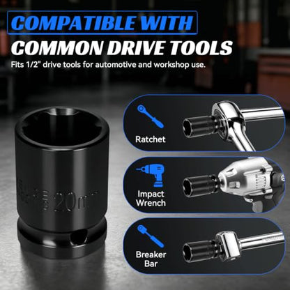 2PCS 20mm Impact Socket 1/2" Drive, 6 Point Metric Shallow Socket, CR-V Steel Heavy Duty Impact Wrench Socket for Automotive Repair - size: 20mm