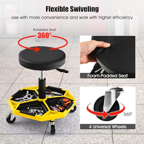 TANGZON 150KG Pneumatic Rolling Mechanic Stool, 41CM-55CM Height Adjustable & 360° Swivel Roller Creeper Seat with Removable Tool Tray and Wheels, Heavy Duty Padded Garage Workshop Stool (Yello+Black) - color: Yello+black