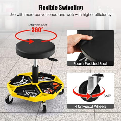S AFSTAR Garage Shop Roller Seats, Adjustable Pneumatic Rolling Creeper Stool W/Tool Storage Tray & 4 Universal Wheels, Padded Mechanic Stool Repair Shop Stool Garage Rolling Stool (Yellow - color: Yellow
