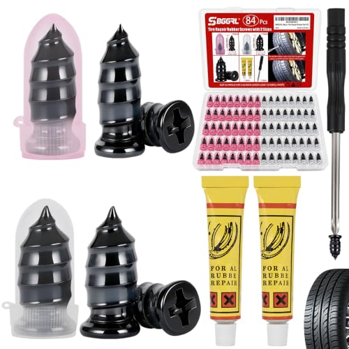 84pcs Tire Repair Rubber Nail Kit, Screw in Tire Plugs for Puncture & Hole, Emergency Screw-Type Plug Rubber Nails Tool Kit for Car, Motorcycle, Truck, Auto, Utv, Tractor Tubeless Flat Repair - size: 84 Piece Set