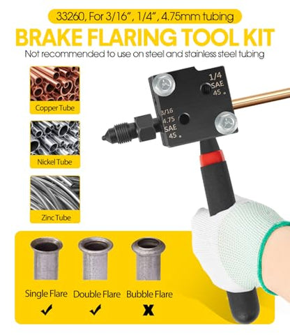 Low Profile Brake Flaring Tool Kit - Professional Single & Double Flare Tool for 3/16", 1/4", 4.75mm (3/16") Brake Lines - Fits Tight Spaces, Replaces Lisle 33260