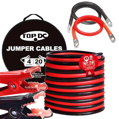 TOPDC 4 Gauge 20 Feet Jumper Cables for Car with 4 Gauge 18 Inch Battery Cables Set All Copper Conductor Wire