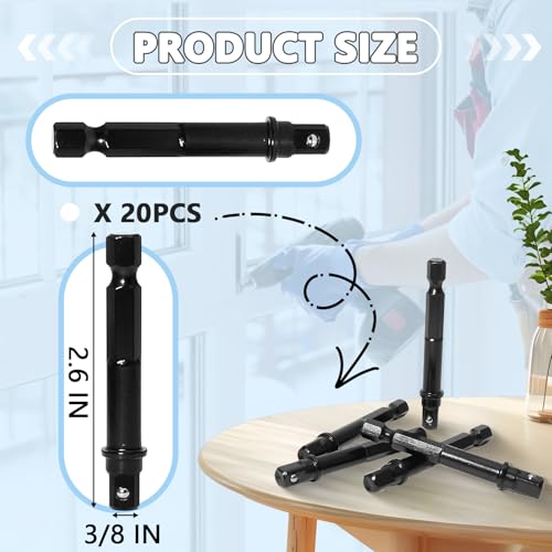3/8" Square Socket Bit Adapter & Hex Impact Socket Bits, 20 Pack | 1/4 Hex Shank, Black, For Drills, Drivers, Impact Wrenches, Automotive DIY Repairs - size: 3/8"