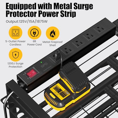 MOOMSINE Large Power Tool Organizer Wall Mount with Charging Station for Garage, 400lbs Metal Storage Rack with 8 Cordless Drill Holder, 4 Tier Heavy Duty Battery Tool Shelf with 5 Outlet Power Strip - size: 32 Inch（4 Tier Power Station）