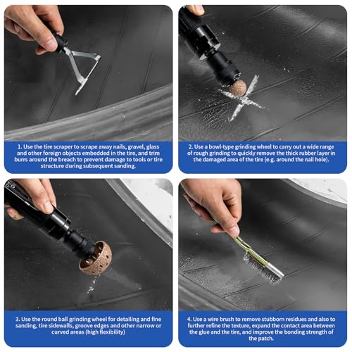 2500rpm Low-Speed Air Tire Repair Kit, Pneumatic Tire Buffer, Tire Patch Roller, Inner Liner Scraper, Tungsten Steel Buffing Wheels (42mm & 55mm) with Quick-Change Chuck, Variable Speed Throttle