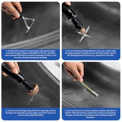 2500rpm Low-Speed Air Tire Repair Kit, Pneumatic Tire Buffer, Tire Patch Roller, Inner Liner Scraper, Tungsten Steel Buffing Wheels (42mm & 55mm) with Quick-Change Chuck, Variable Speed Throttle