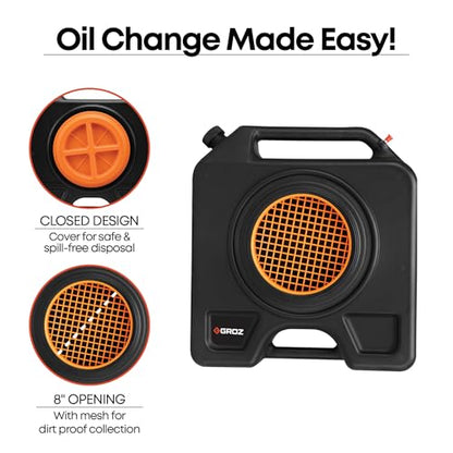 Groz 15 Quart Oil Drain Pan with Wheels & O-Ring Seal - 8" Wide Opening, Catch Basket, Leak-Proof Spout for Trucks, Cars, Fleet Maintenance (41966) - size: 3.75 Gallon, With Cap