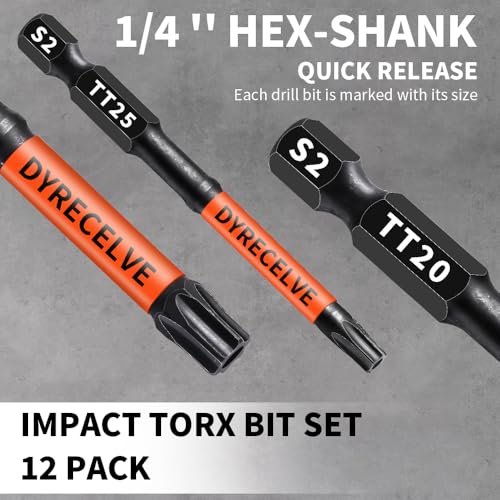 12-Pack Impact Security Torx Bit Set (T5-T40) 3-Inch Long, S2 Steel, Professional Tamper Proof Star Bits Set, with 1/4" Hex Shank, Magnetic & High Torque for Automotive/Electronics/DIY - size: 12-Pieces 3 inch Torx Security Bits