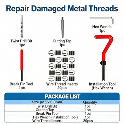 M5 X 0.8 Thread Repair Kit, Metric Helicoil Kit with HSS Drill Bit, 20PC Wire Thread Inserts - size: M5 x 0.8mm