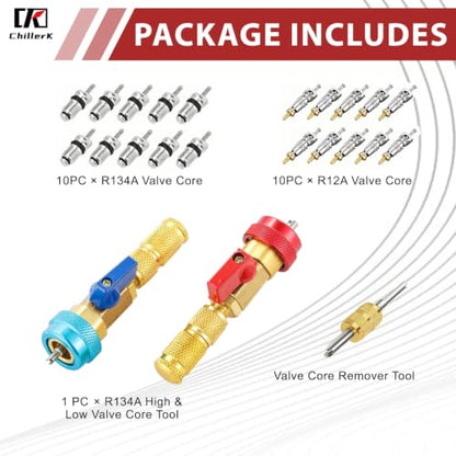 23 Pcs R134A Valve Core Quick Remover Installer Tool Set, High Low Pressure AC Valve Core Removal Tool Valve Stem Kit for Refrigerant Air Conditioner System - size: 23pcs R134A