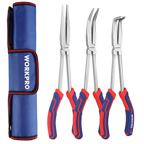 WORKPRO 3PC Long Reach Pliers Set, 11'' Straight, 90° & 45° Bent Nose Plier | Extra Long Needle Nose Plier Set For Narrow Spaces