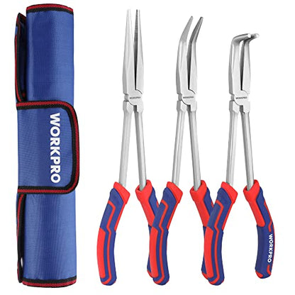 WORKPRO 3PC Long Reach Pliers Set, 11'' Straight, 90° & 45° Bent Nose Plier | Extra Long Needle Nose Plier Set For Narrow Spaces