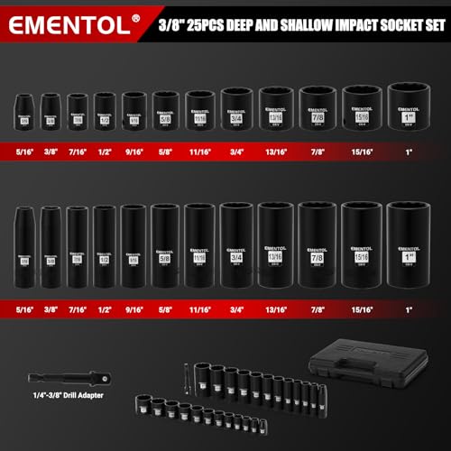 EMENTOL 3/8" Drive Impact Socket Set, 25PCS, SAE(5/16"- 1"), Deep and Shallow, 12 Point, Includes Drill Bit Adapter - size: 3/8" Drive (5/16"- 1")
