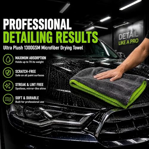 Microfiber Car Drying Towel & Chenille Wash Mitt Set, 1300 GSM 16 x 24 in Absorbent Auto Detailing Towel, Scratch-Free Car Wash Cloth and Mitt for Washing, Drying, Detailing, Gray Green