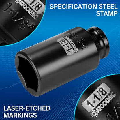 1/2" Drive x 1-1/8 Inch Deep 6PT CR-MO Impact Socket for Removing Axle nut | SAE Socket,6-Point Radius Corner Design,Two Size Markings,Square Chamfered Opening,For Removal of Axle Nut - size: 1-1/8 Inch, style: 1/2" Drive Deep Socket