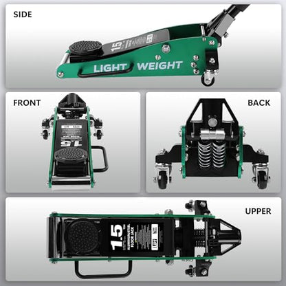 1.5T Low Profile Floor Jack, 3000 lb, Dual Pump | Lightweight aluminum & steel construction. Quick lift dual pump. Ideal for sedans and sports cars. Easy to store and move. - size: 1.5T Aluminum & Steel Green