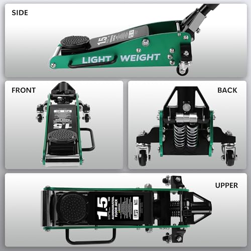 1.5T Low Profile Floor Jack, 3000 lb, Dual Pump | Lightweight aluminum & steel construction. Quick lift dual pump. Ideal for sedans and sports cars. Easy to store and move. - size: 1.5T Aluminum & Steel Green