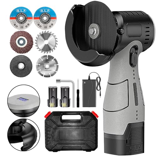 ZFULVO Brushless Cordless Angle Grinder Kit, 19500rpm Mini Electric Angle Grinding Tool with 2x16.8V 2000mAh Battery and 6-Cutting Discs, Grinder Handheld Cutter for Metal Wood - color: Brushless Grey