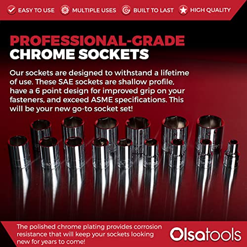 Olsa Tools SAE Shallow Socket Set - 1/2-Inch Drive, 18pc - 6-Point Chrome Sockets 3/8" to 1-1/4" and No Skipped Sizes - Mechanic Shallow SAE Socket Set - Professional Grade Sockets - Part: 1324 - color: Sae Shallow, size: 15pc, 1/2-Inch Drive