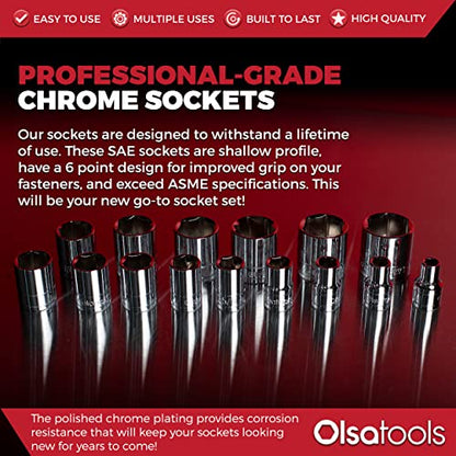 Olsa Tools SAE Shallow Socket Set - 1/2-Inch Drive, 18pc - 6-Point Chrome Sockets 3/8" to 1-1/4" and No Skipped Sizes - Mechanic Shallow SAE Socket Set - Professional Grade Sockets - Part: 1324 - color: Sae Shallow, size: 15pc, 1/2-Inch Drive