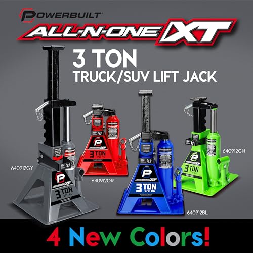 POWERBUILT 3 Ton All-in-One Hydraulic Bottle Jack and Jackstand in One, Compact, Wide Base, 11-21 Inch Range, Eliminates Jackstands, for Trucks, SUVs, RVs, Trailers, ASME, Not for Sedans - 640912 - color: blue