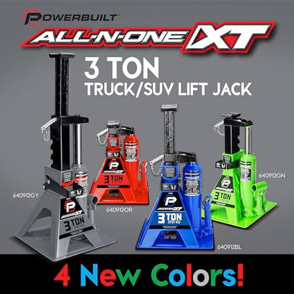 POWERBUILT 3 Ton All-in-One Hydraulic Bottle Jack and Jackstand in One, Compact, Wide Base, 11-21 Inch Range, Eliminates Jackstands, for Trucks, SUVs, RVs, Trailers, ASME, Not for Sedans - 640912 - color: green
