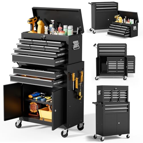 10-Drawer Rolling Tool Chest with Wheels, 2 in 1 Tool Box Rolling Tool Chest Heavy Duty, High-Capacity Mechanic Tool Organizer, Adjustable Shelf & Detachable Top Cabinet, Black - color: Black