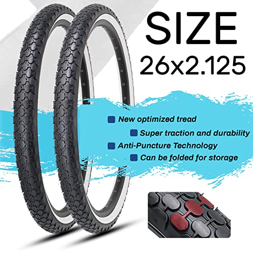 Hycline 2-Pack Cruiser Bike Tires Set: 24/26x2.125 inch Folding Replacement High-Performance Wear-Resistant Tires with Inner Tubes & Tire Levers for Beach & Urban Commuter Bikes - color: White Set-26x2.125