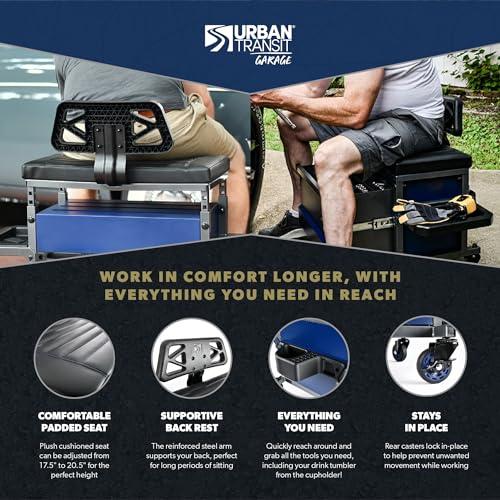 URBANTRANSIT The Beast Heavy Duty Shop Stool with Backrest - 500 Lb Capacity Rolling Stool for the Garage with Tool Storage, Cupholder and 360 Degree Wheels - an Ideal Workshop and Mechanic Stool