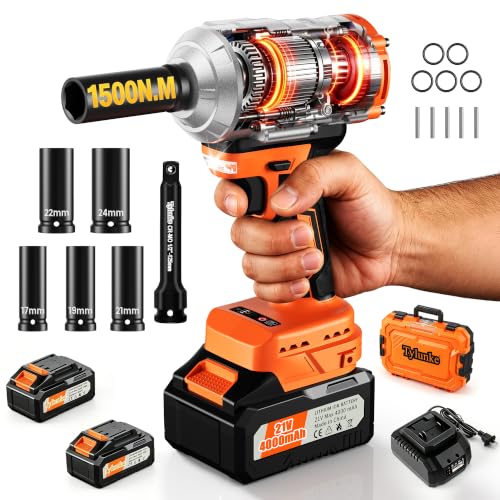 1/2 Inch Cordless Impact Wrench,1500N.m 3-Speed LED Light,4.0Ah Battery | 21V Brushless Impact Gun,Reverse Brake,2*4.0Ah Battery Pack & Fast Charger,Orange,Vehicle Tire Removal & Building Projects - color: Orange