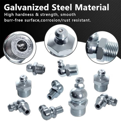 15Sizes Grease Fitting Assortment SAE and Metric Zerk Grease Fittings Kit 1/4 1/8 M6 M8 M10 Straight 45 90 Degree Zerks Nipples (Pack of 45Pcs)