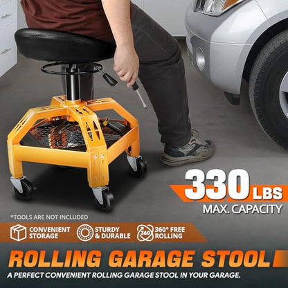 DNA Motoring Rolling Padded Seat Adjustable Height Seat 330lbs Capacity Rolling Mechanic Creeper Stool, W/Tool Storage Drawer & Tray, Black/Yellow,TOOLS-00599 - style: Grid Tray Yellow