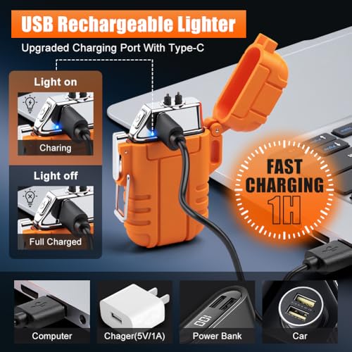 LcFun Electric Lighter USB C Rechargeable Plasma Lighter Windproof Flameless Arc Lighters, Waterproof Matches for Camping Hiking Hunting, Survival Tactical Gear Gifts for Men Fathers Husband - color: Orange, style: Arc lighter