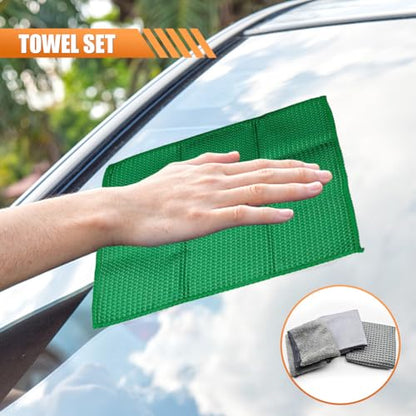 Craedli 9PCS Car Wash Cleaning Kit, Microfiber Auto Detailing Set with Wheel Brush, Wash Mitt, Sponge, Drying Towels & Applicator Pads, Vehicle Interior Exterior Wash Tools Supplies (Green) - color: Green