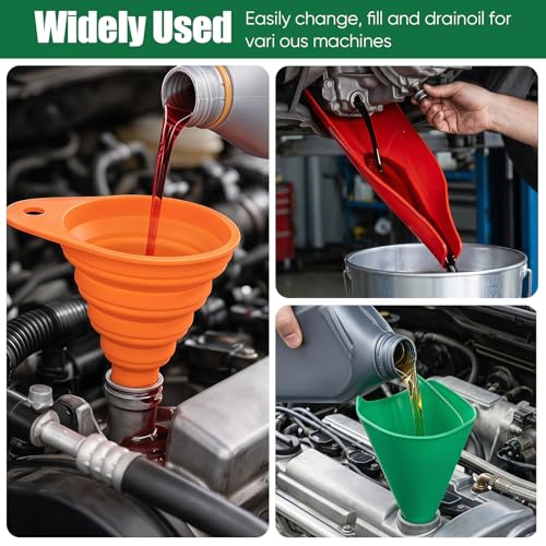 Flexible Oil Drain Funnel Set, 3PCS Reusable Silicone Foldable Oil Funnel for Spill-Free Oil Change, Moldable Draining Tool for Car Truck Motorcycle Garage Use