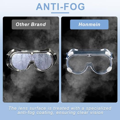 Honmein 2-Pack Safety Goggles, Anti-Fog Lab Goggles for Men and Women | Over Glasses Safety Glasses for Chemistry Lab, Mowing, Woodworking, Painting, Construction, Industrial Use
